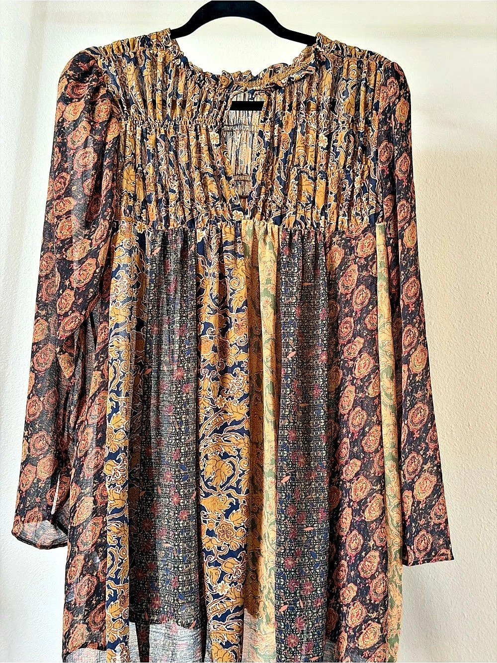Free People Paisley Mini Dress in Brown & Blue Size Small Like New